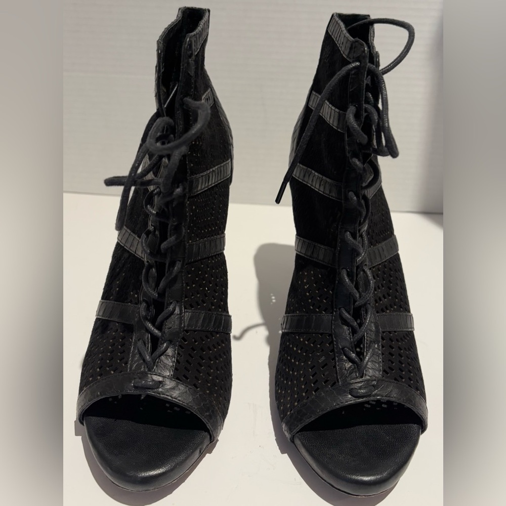 Women’s Joie Size 8 Shari Black Snake Embossed Leather Mesh Bootie Open Toe